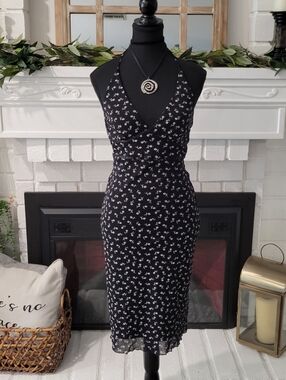Y2k Vintage Rampage Black Ditzy Floral Mesh Empire Bust Halter Midi Dress Small